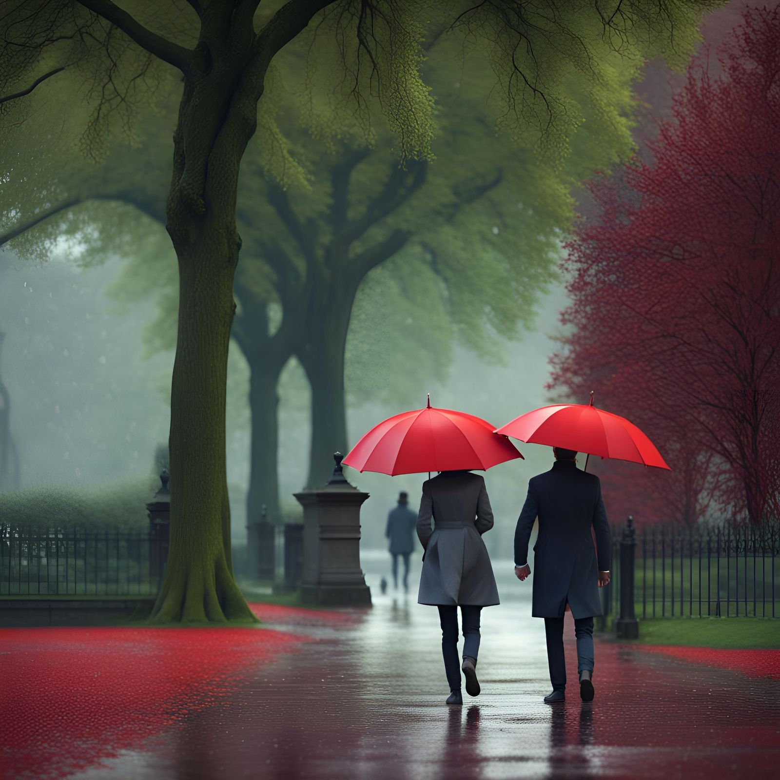Couple in London Park Under Red Umbrella