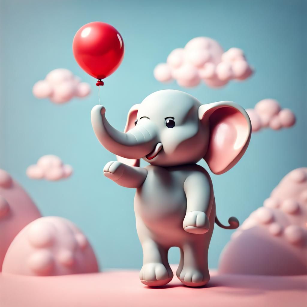 Floating Clay Elephant with Balloon in Pastel Colors