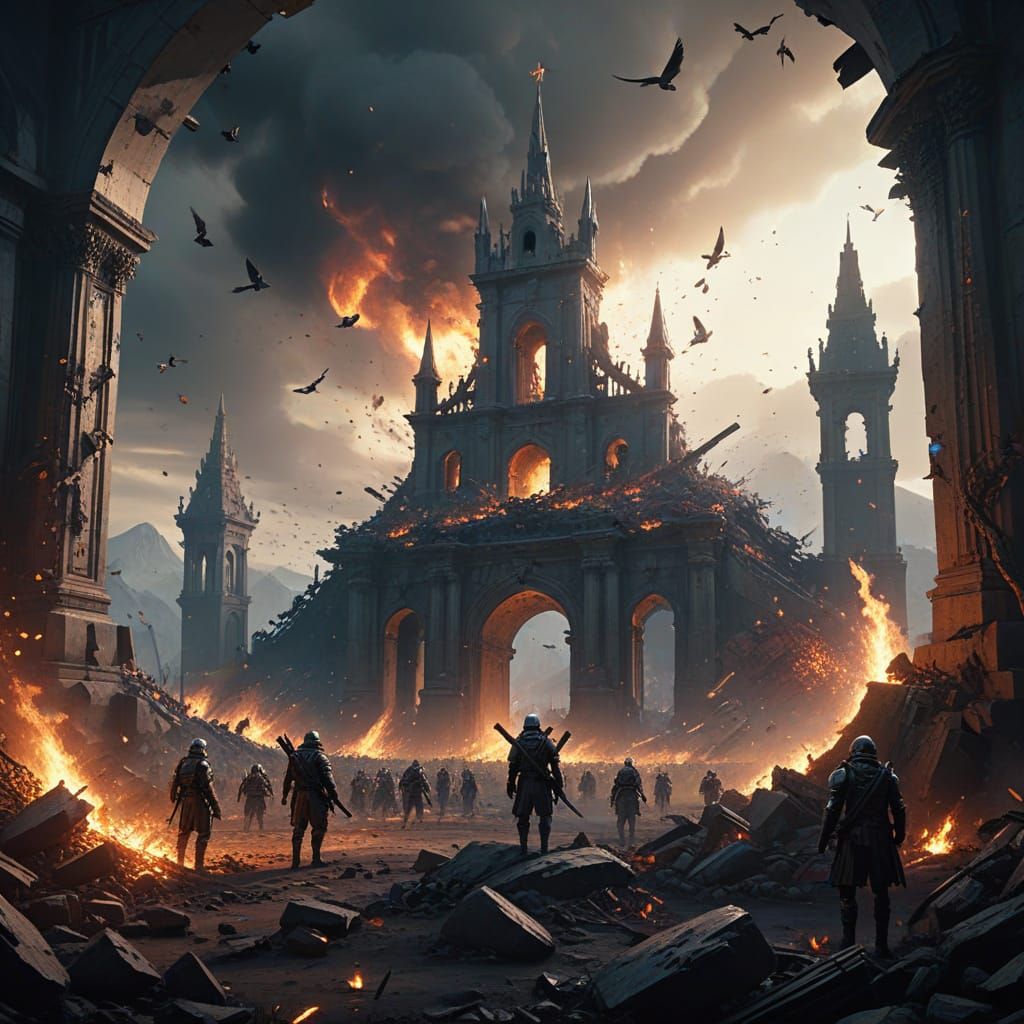 Surreal Contrast of War and Peace in Vibrant Fantasy Landsca...