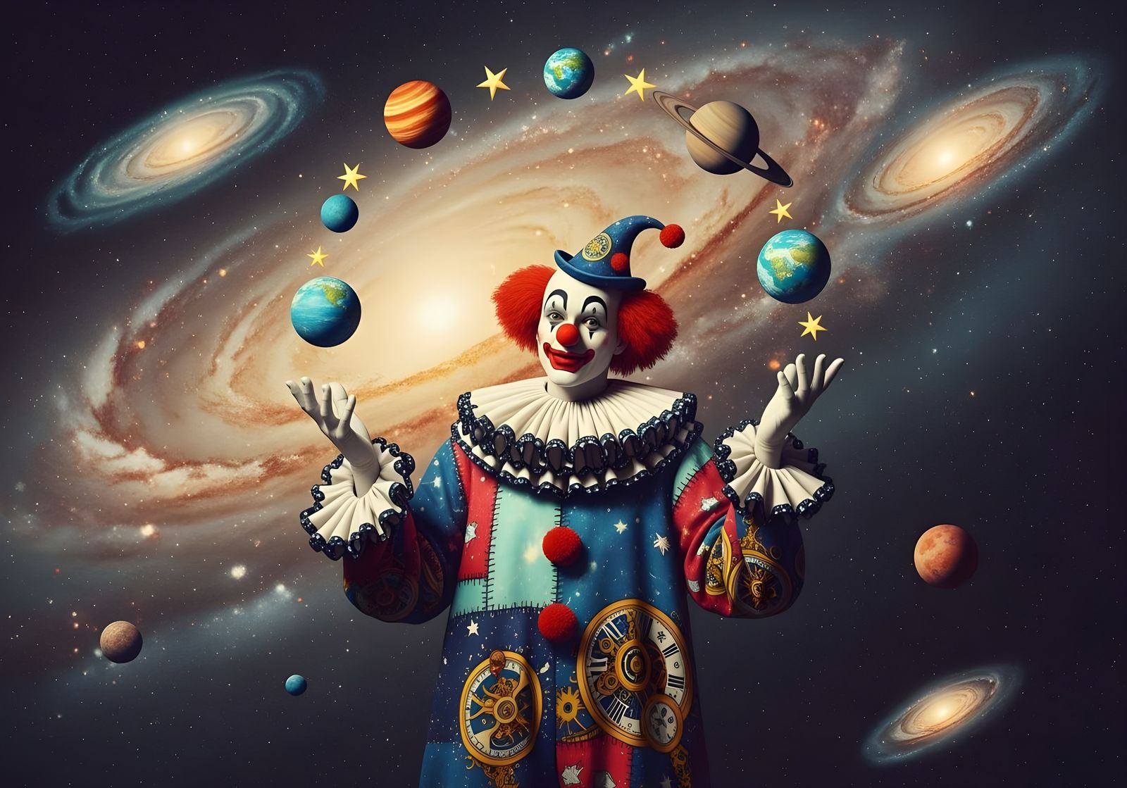 Whimsical Clown Juggles Planets in Vintage Galaxies