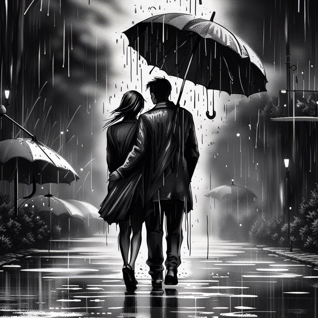 Romantic Couple in Rain: Black and White Ink Painting