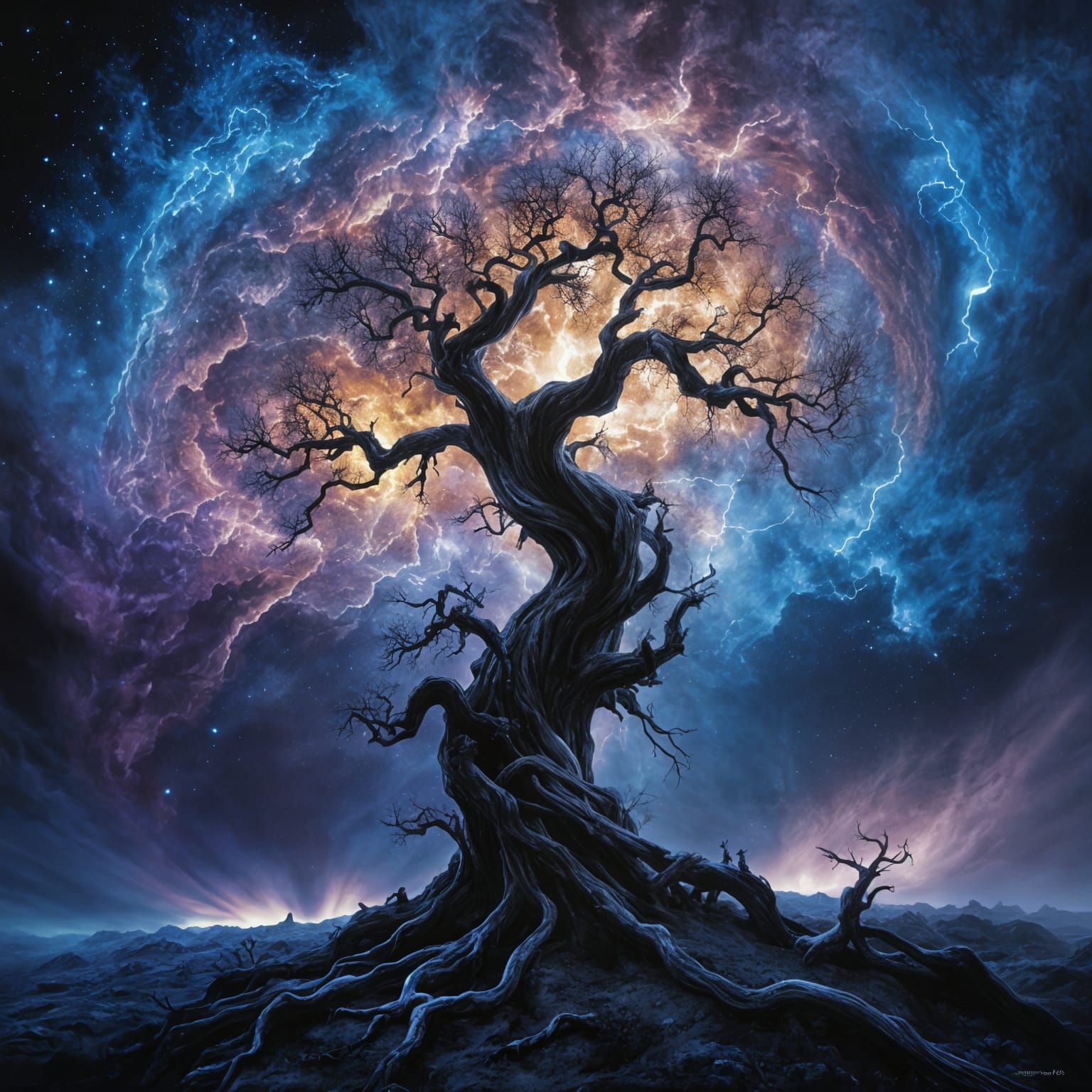 Ancient Tree Radiates Golden Light in Cosmic Void