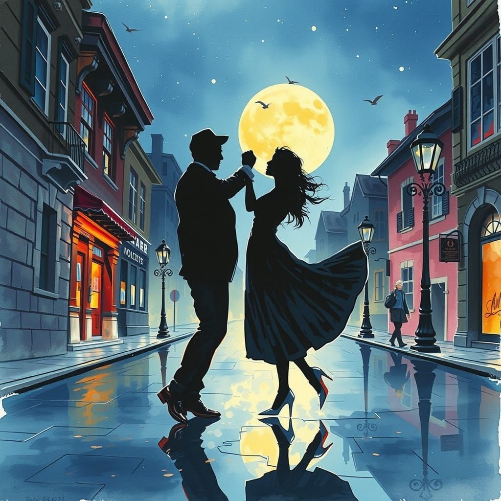 Romantic Silhouettes Dancing in Rainy Watercolor Street