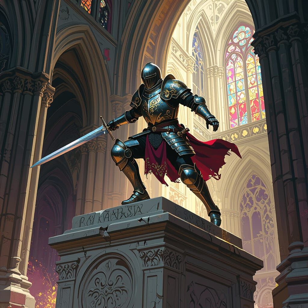 Knight Leaping in Cathedral, Matte Painting Style