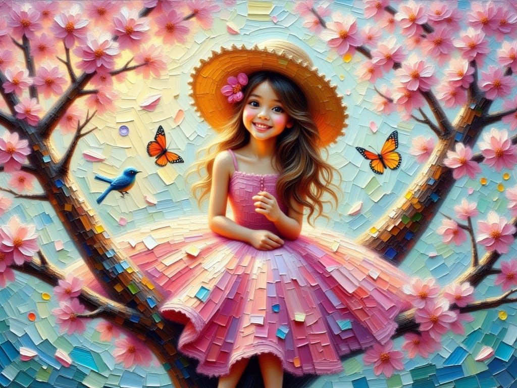 Girl in Cherry Tree: Impasto Oil Painting