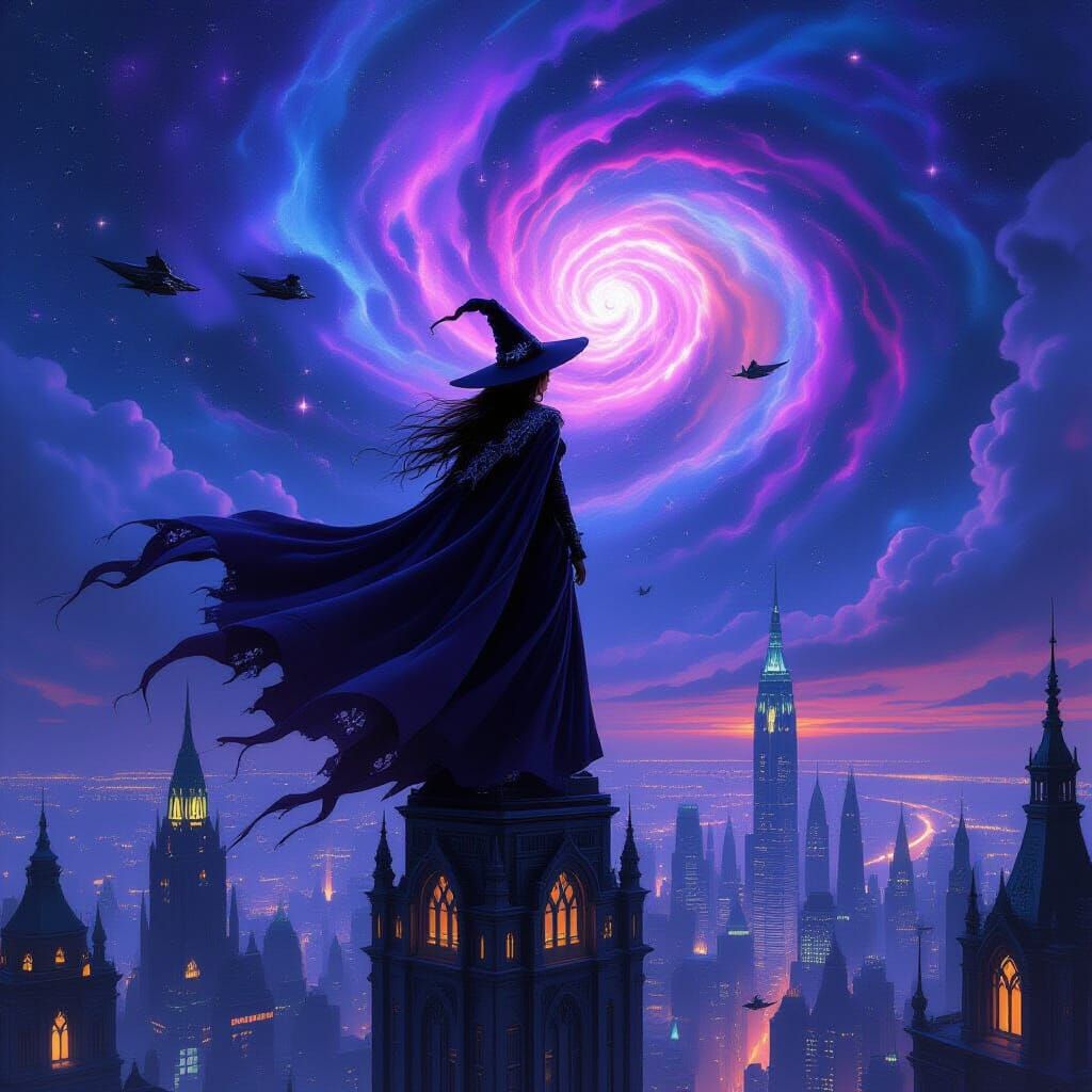 Witch Gazes at Nebula from Gothic Skyscraper in Ethereal Sty...