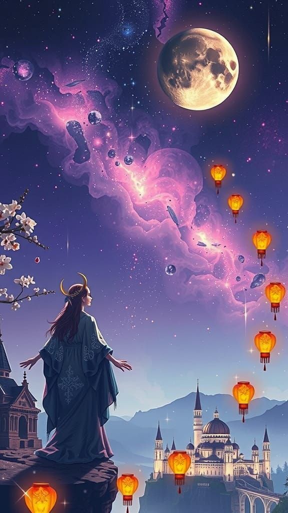 Mystical Girl Sorcerer Stands on a Luminous Floating Island ...