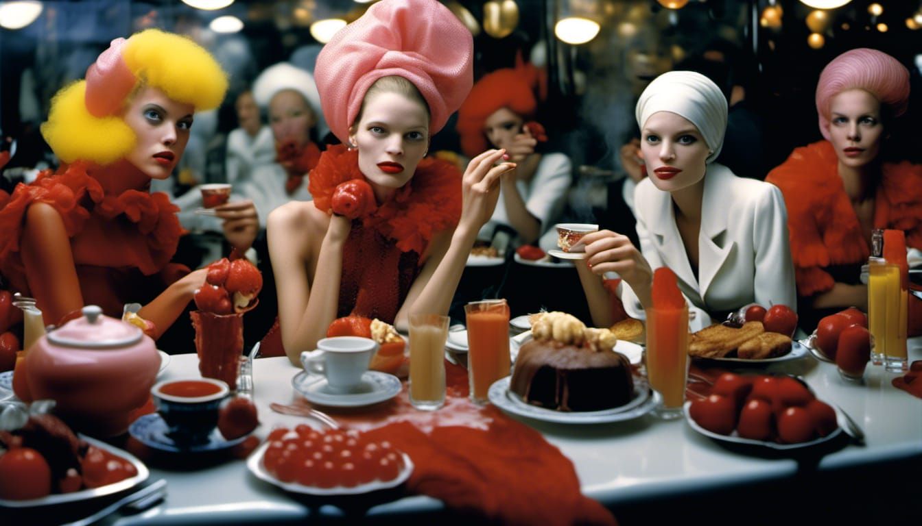 Modern Couture Woman in Cafe, Photorealistic Portrait