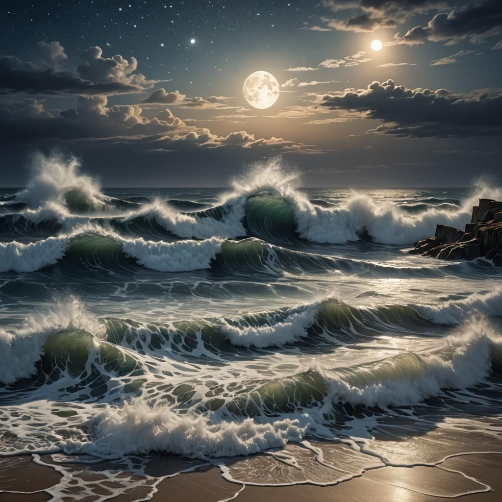Moonlit Ocean Dance: Fantastical Detailed Painting