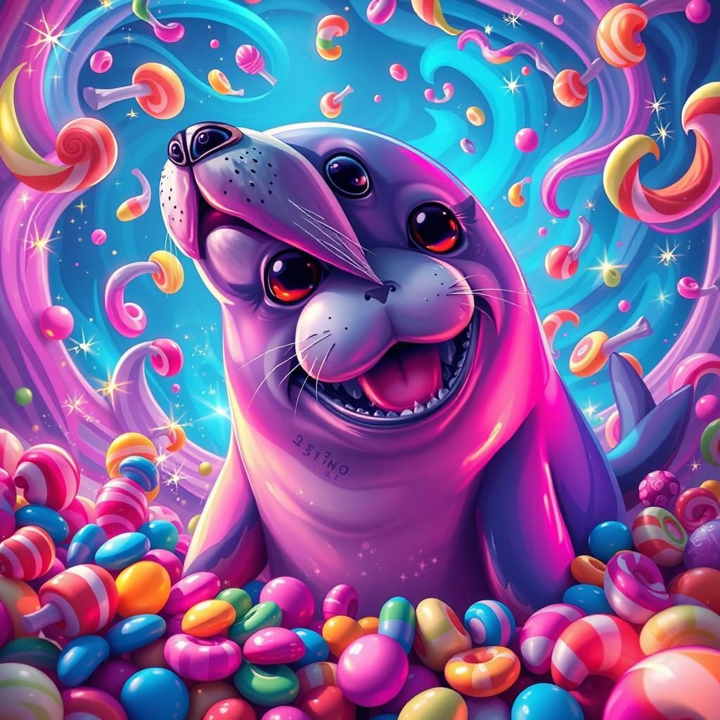 Psychedelic Seal-Dog-Human-Shark Hybrid in Candyland