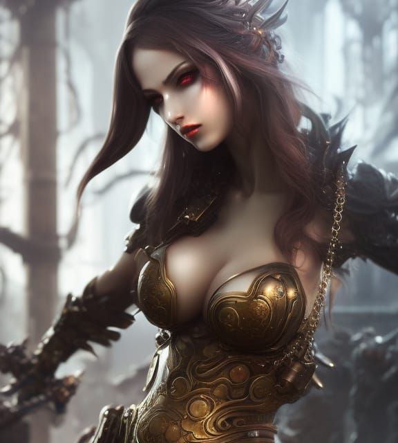 Armored Woman in Ruined City, Digital Art