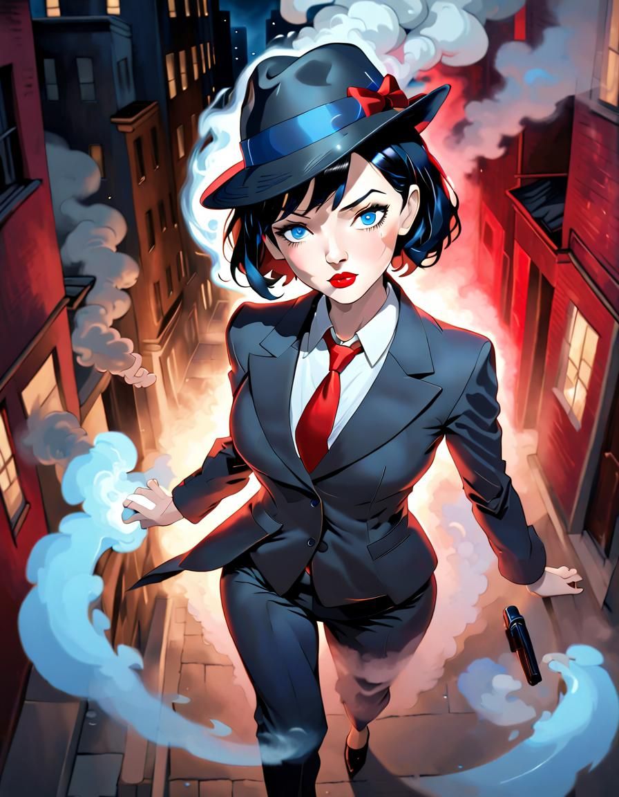 Detective Woman in Fedora with Swirling Smoke