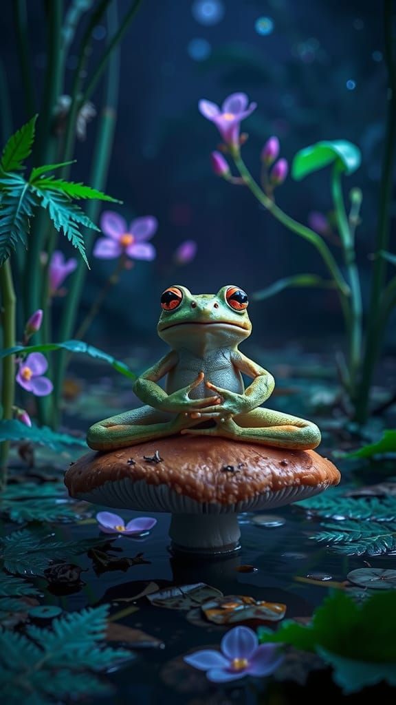 Meditating Frog with Third Eye in Magical Swamp