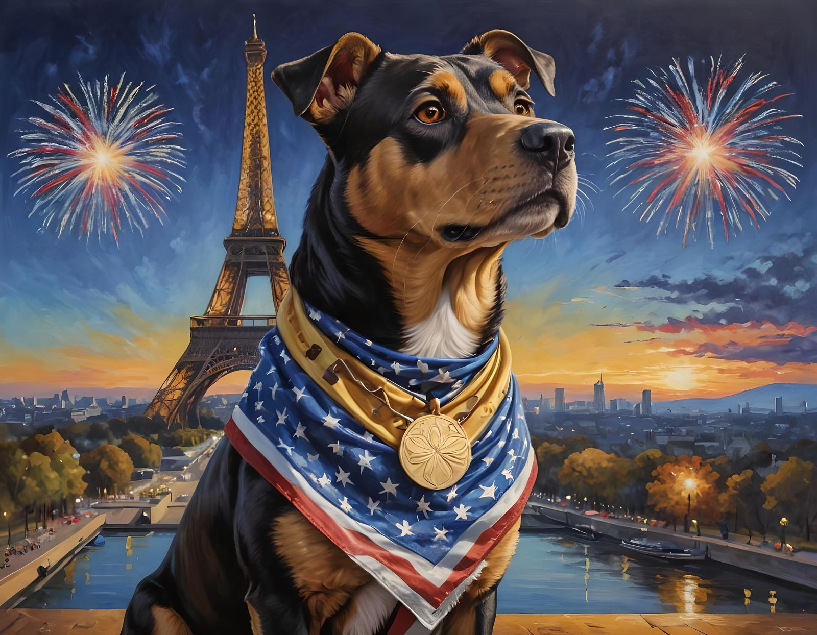 Anthropomorphic Dog Wins Olympic Gold, Hand-Painted Portrait