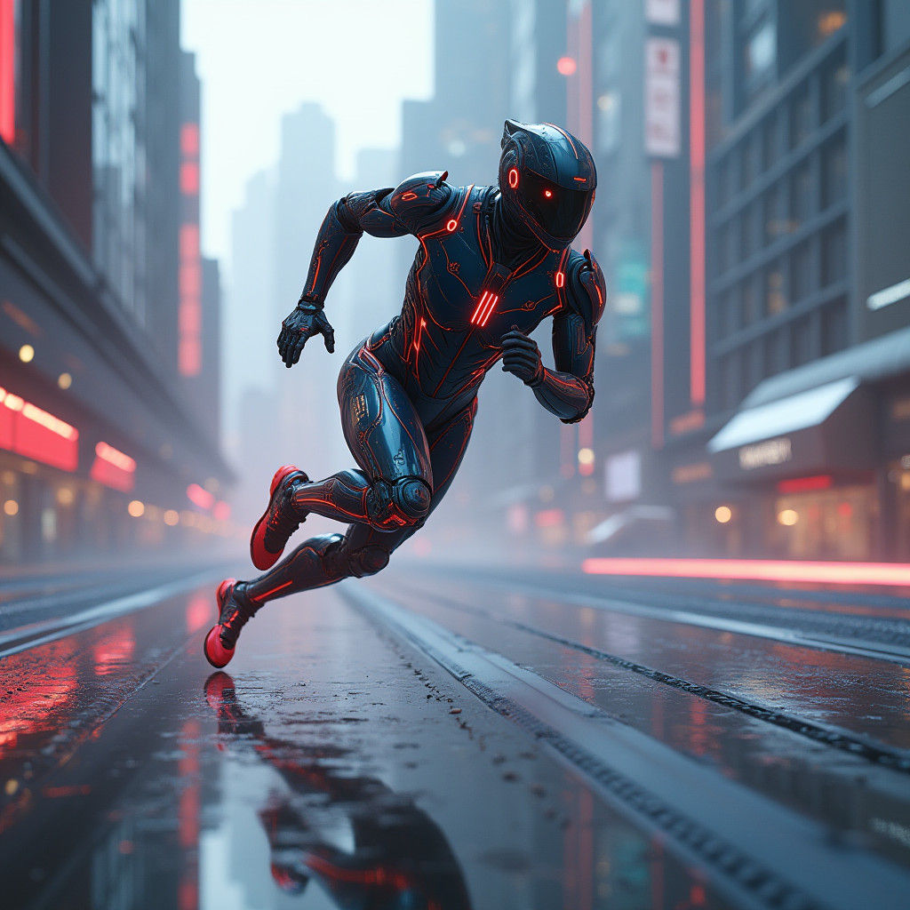 Futuristic Runner in High-Tech Exosuit