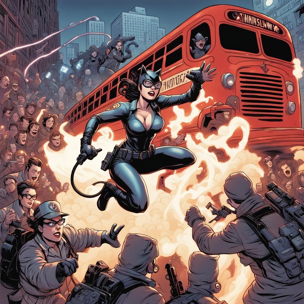 Marshmallow Catwoman vs Ghostbusters Comic Book Art