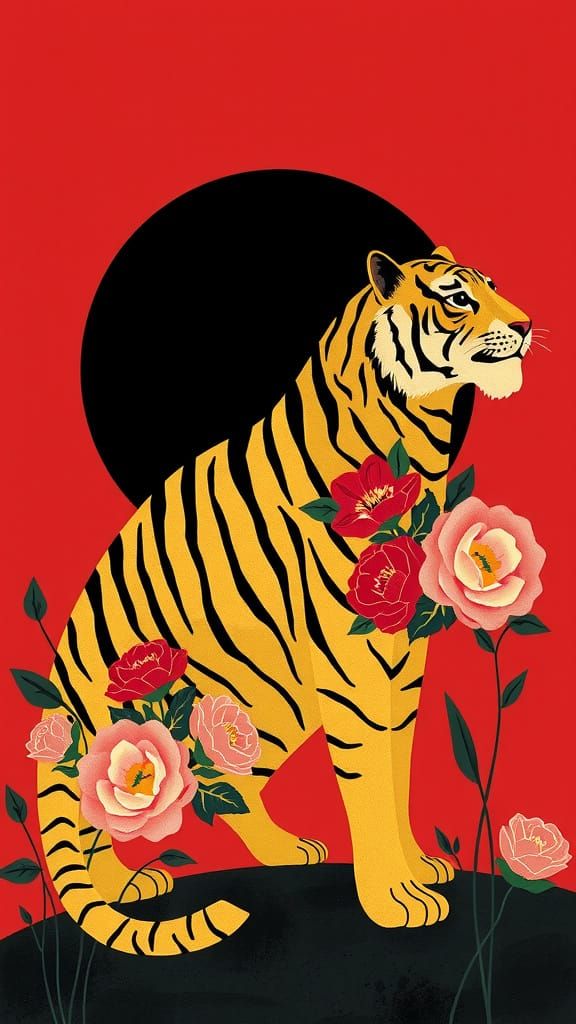 striking minimal illustration of a large golden tiger