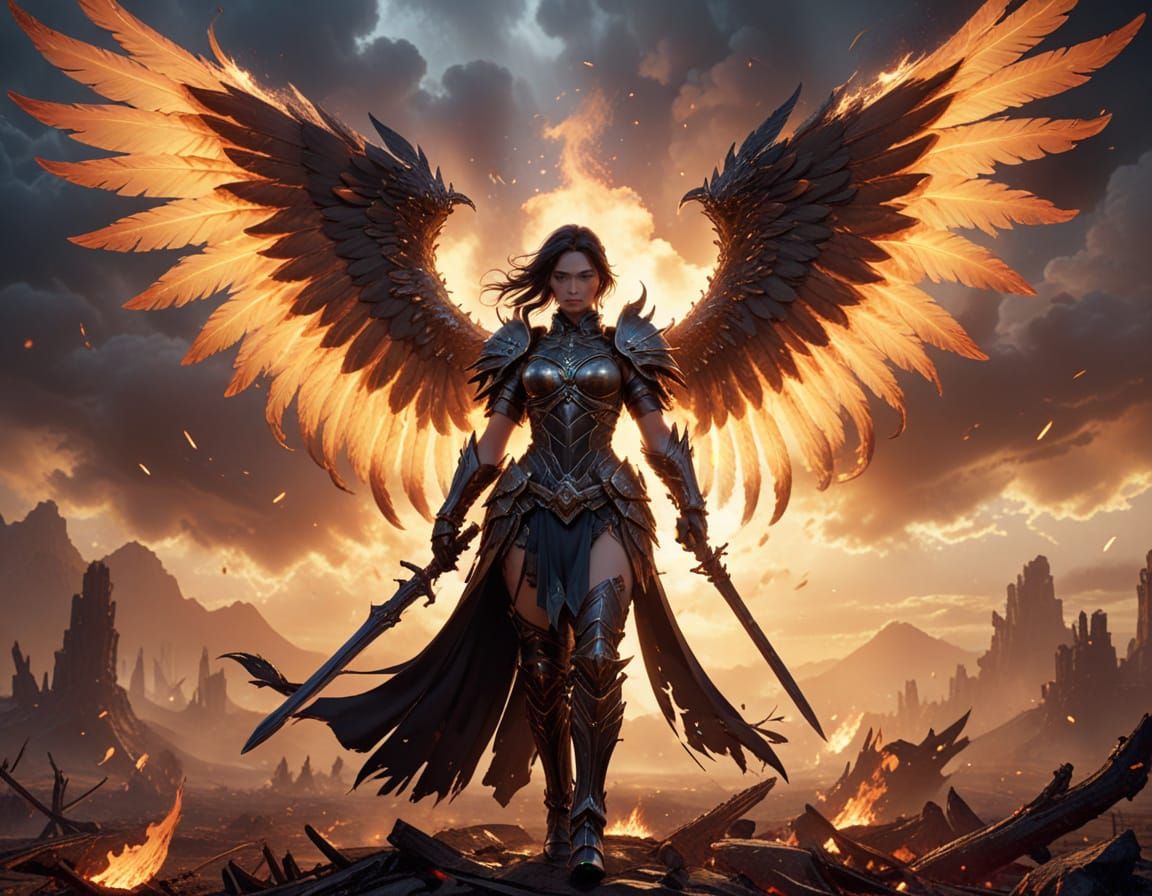 Nephalem Warrior Goddess Amidst Burning Wasteland