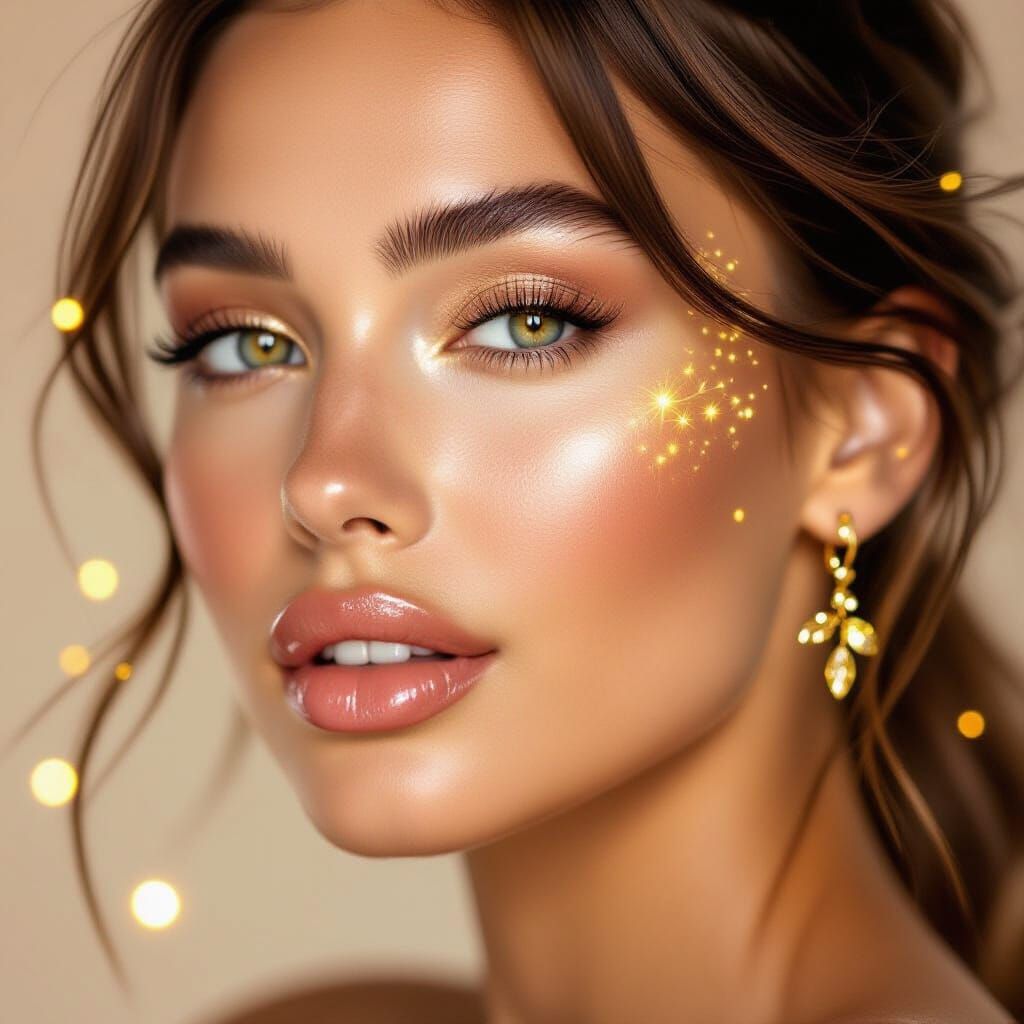 Close-Up Lips with Golden Sparks & Leaf Earrings