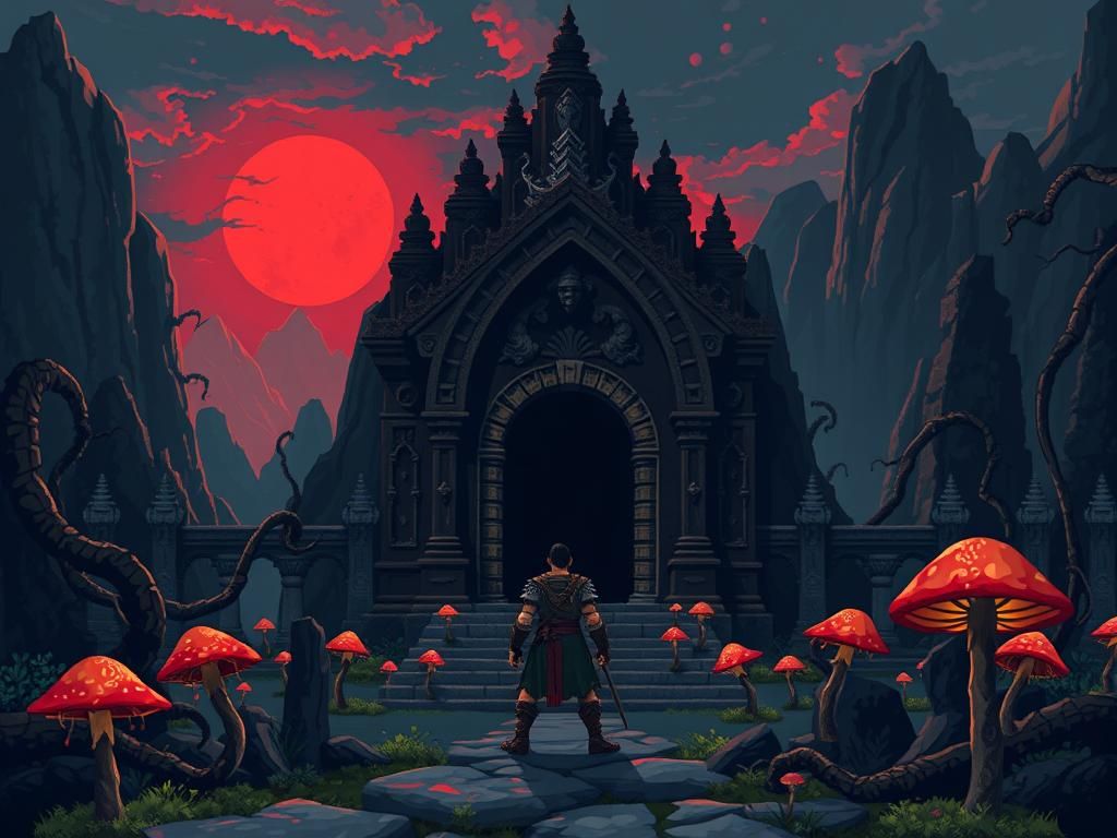 Heroic Warrior in Dark Pixel Art RPG Landscape