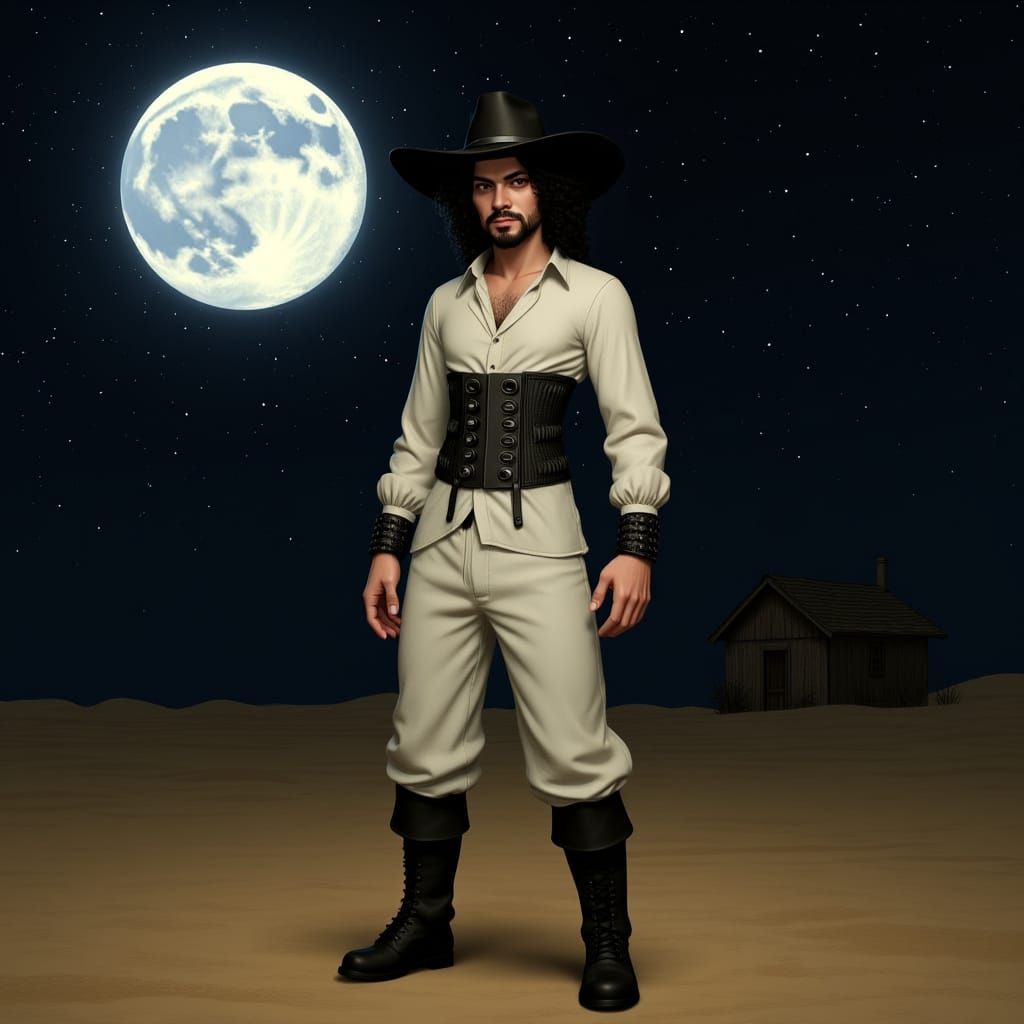 Dramatic Figure in Starry Desert Landscape