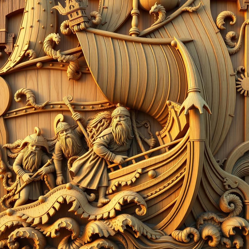 Viking Ship Carved in Ornate Wooden Relief