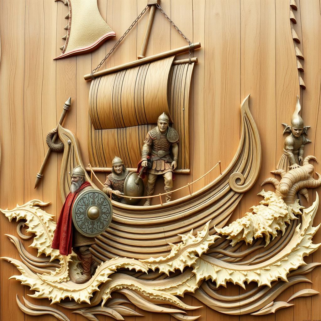 Viking Longship Wood Relief Carving in Norse Style