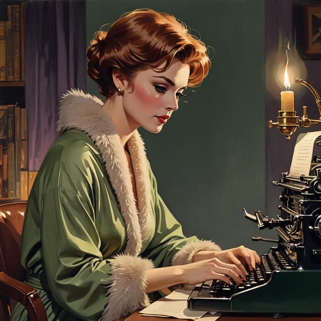 1960s Woman Typing: Stylized Semi-Realism Portrait