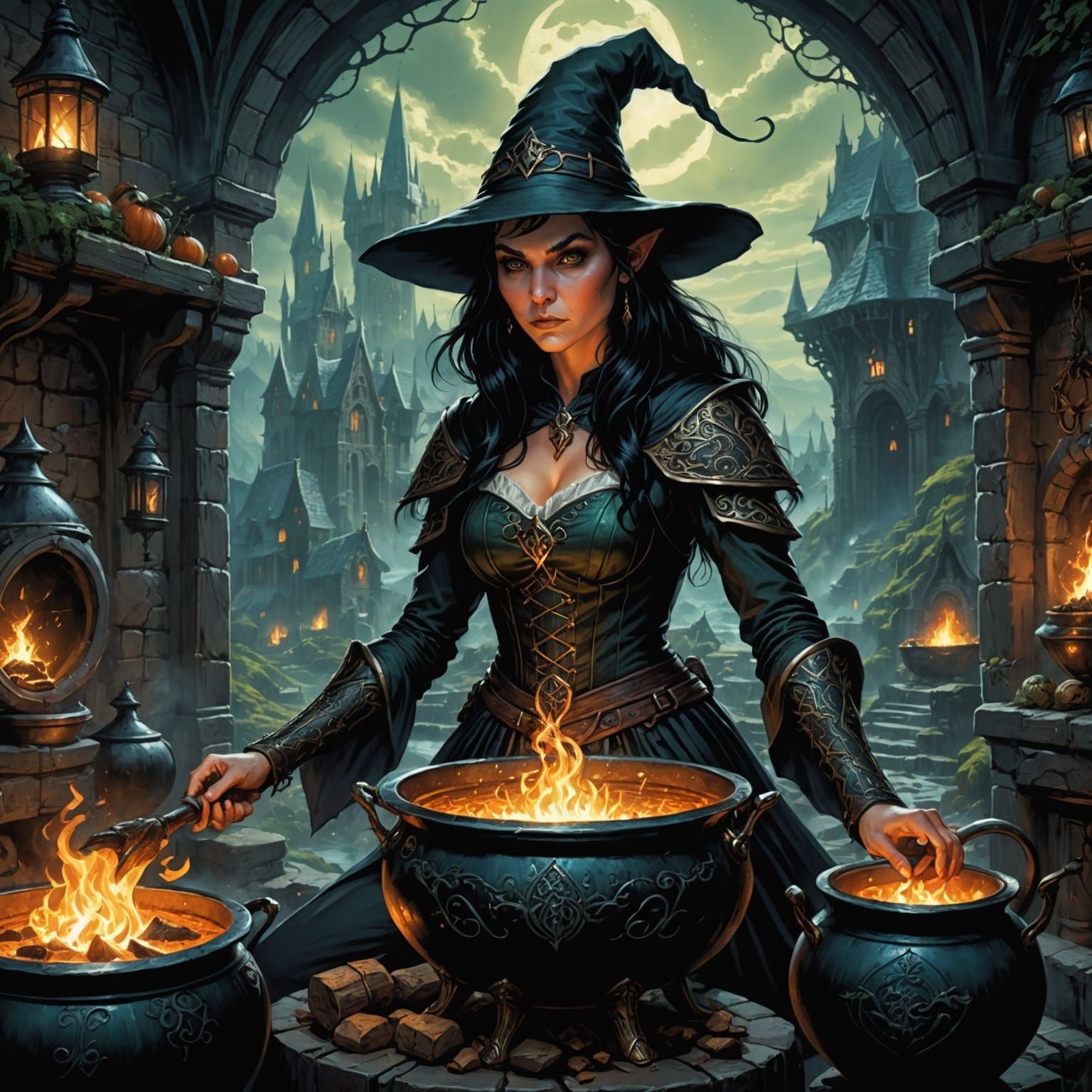 Black Haired Elf Witch with Cauldron in Cinematic Style