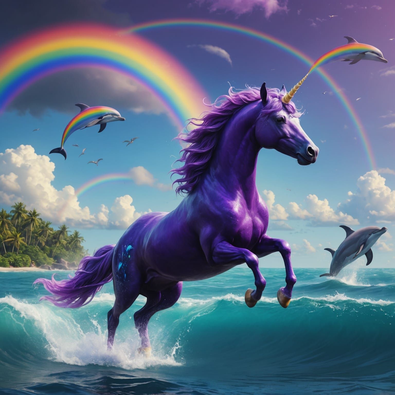 Purple Alicorn and Dolphins with Rainbow Background