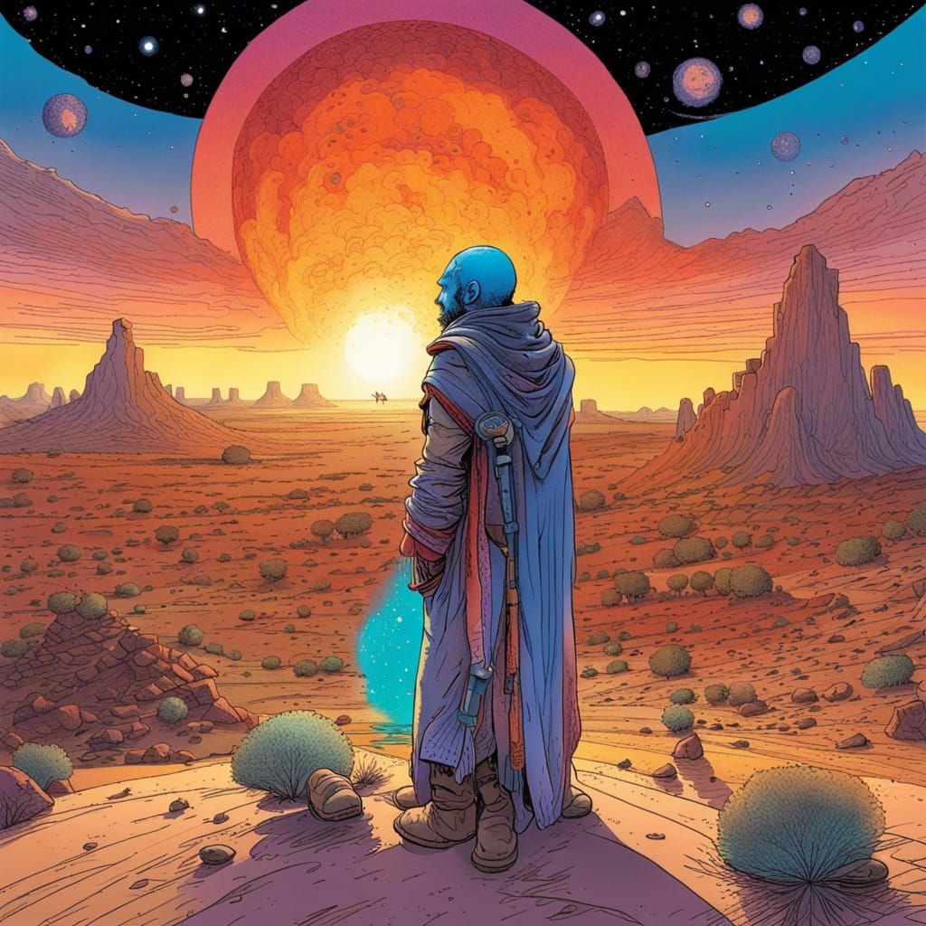 Cosmic Shaman Exorcism at Sunset: Fantasy Comic Art