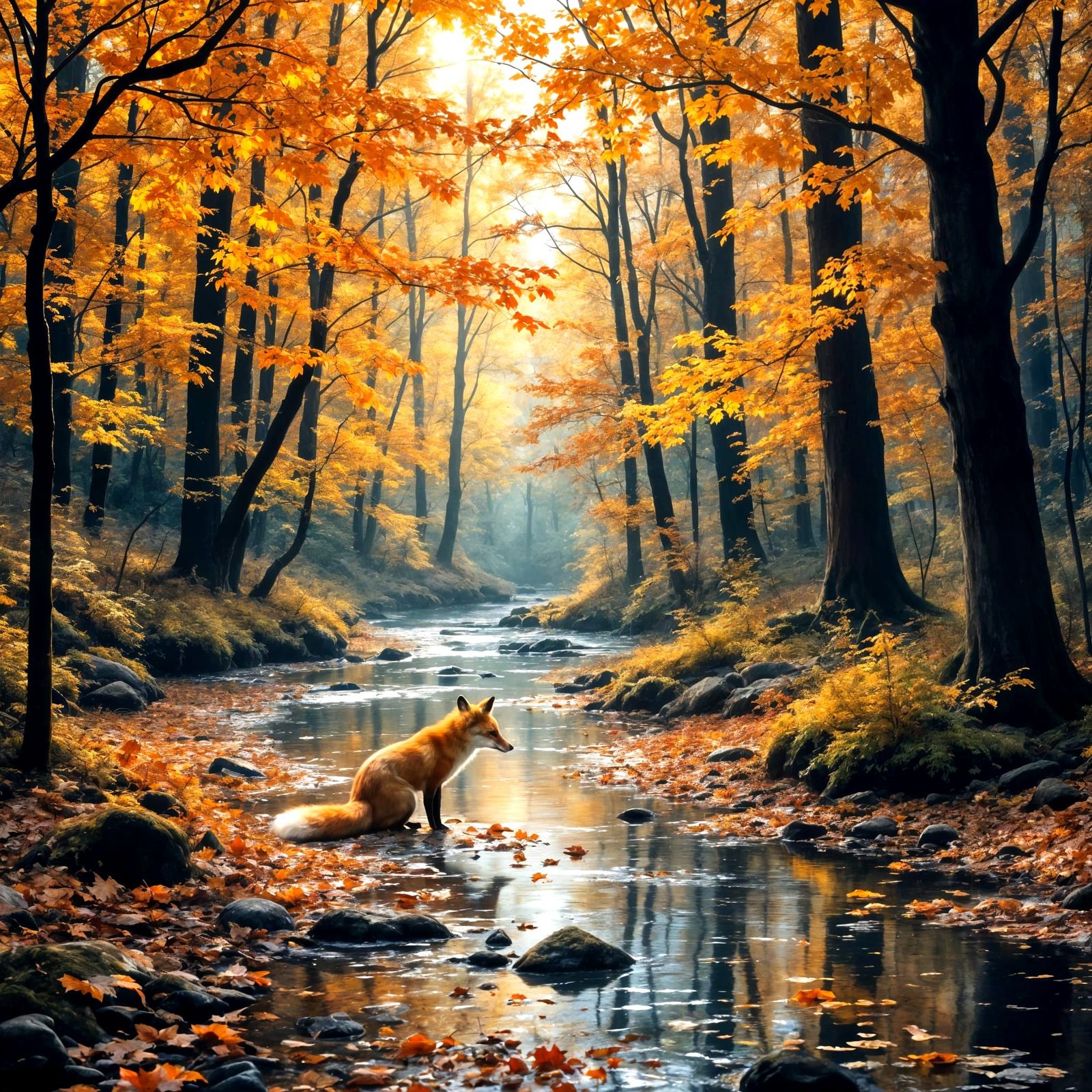 Autumn Fox in Vibrant Forest Landscape