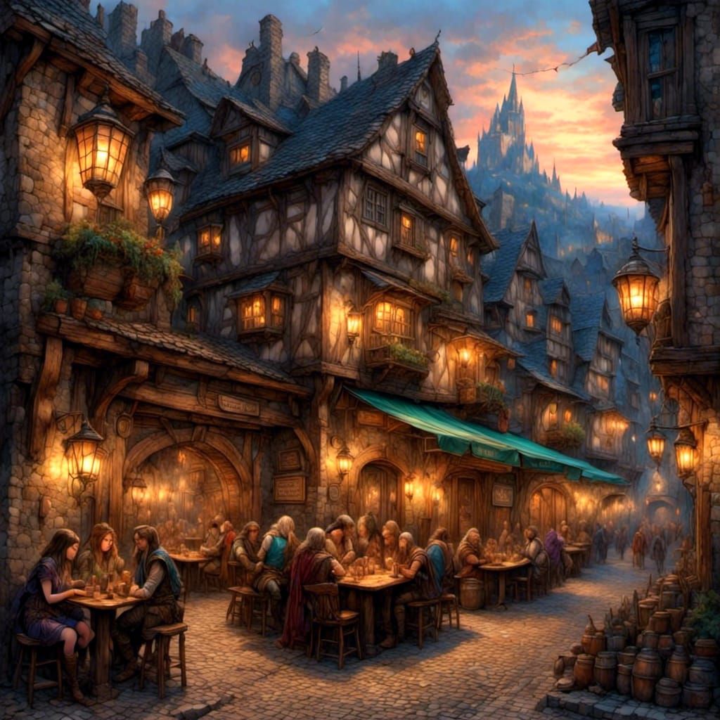 Bustling Fantasy City Tavern at Twilight