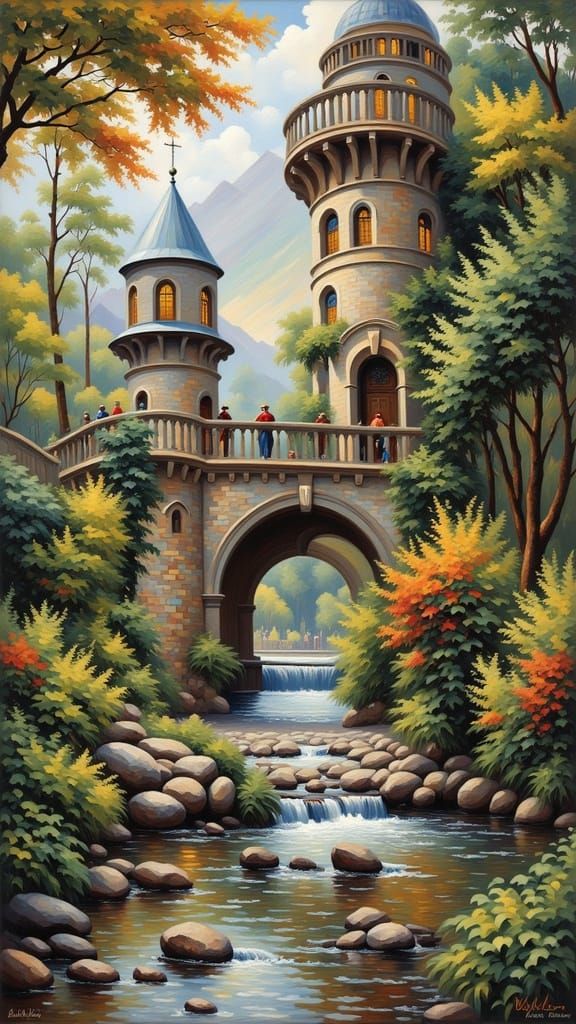 Medieval Castle Over Crystal River in Sun-Dappled Forest Oil...