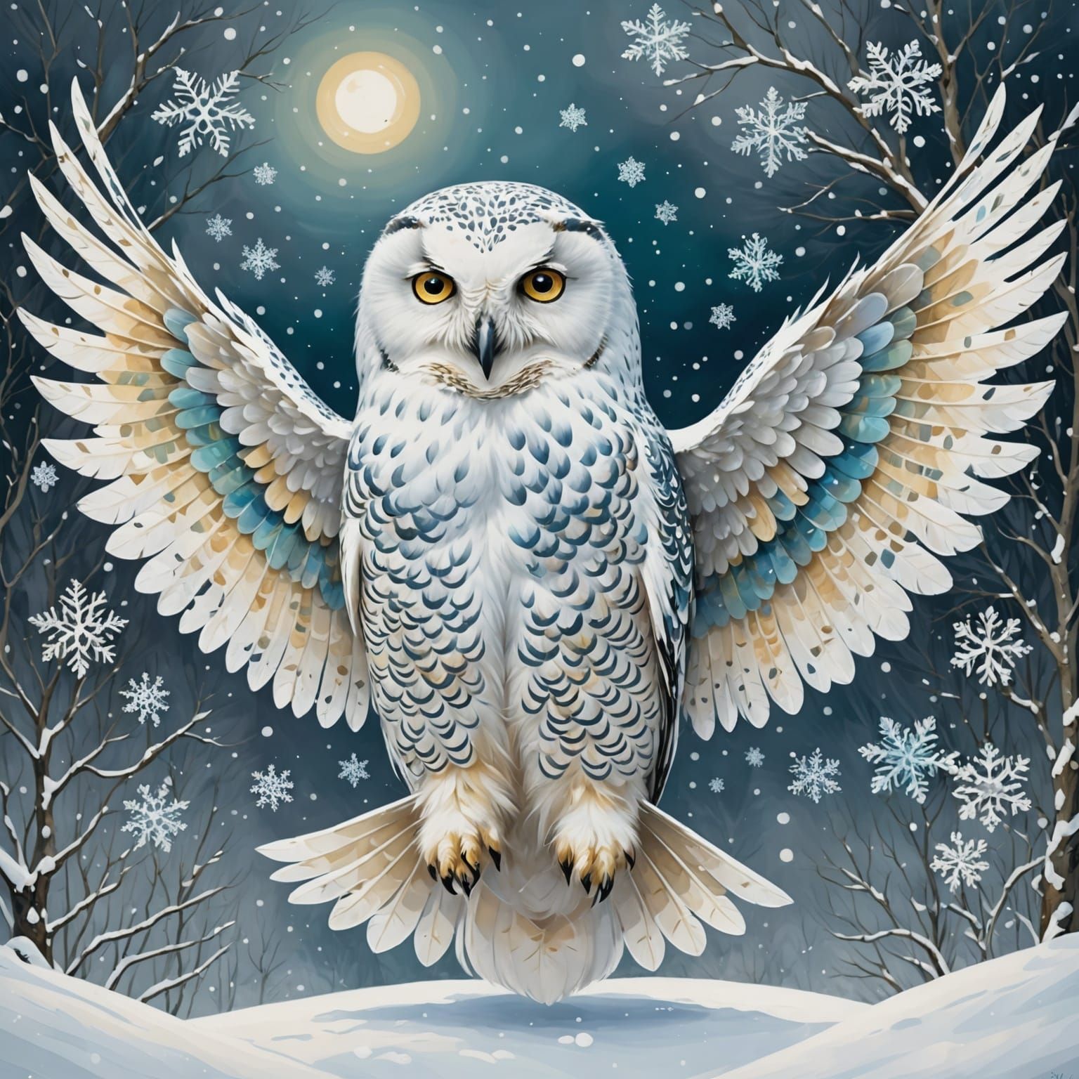 Serene Snow Owl Mother Cradles Vibrant Baby in Whimsical Win...
