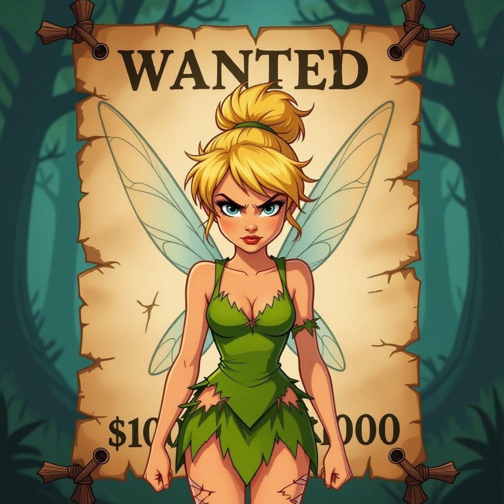 Gritty Wanted Poster: Angry Tinker Bell in Forest