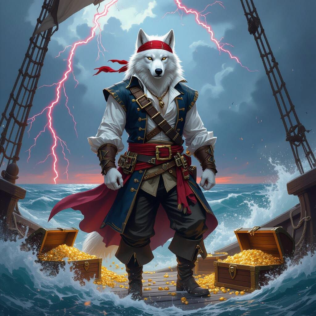 Pirate Wolf on Stormy Seas as Fantasy Art