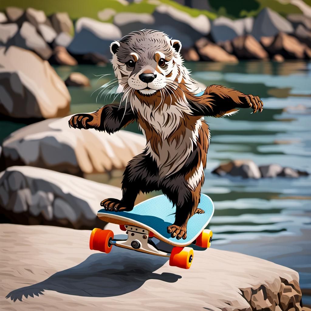 Otter Skateboarder Mid-Kickflip at Lakeshore