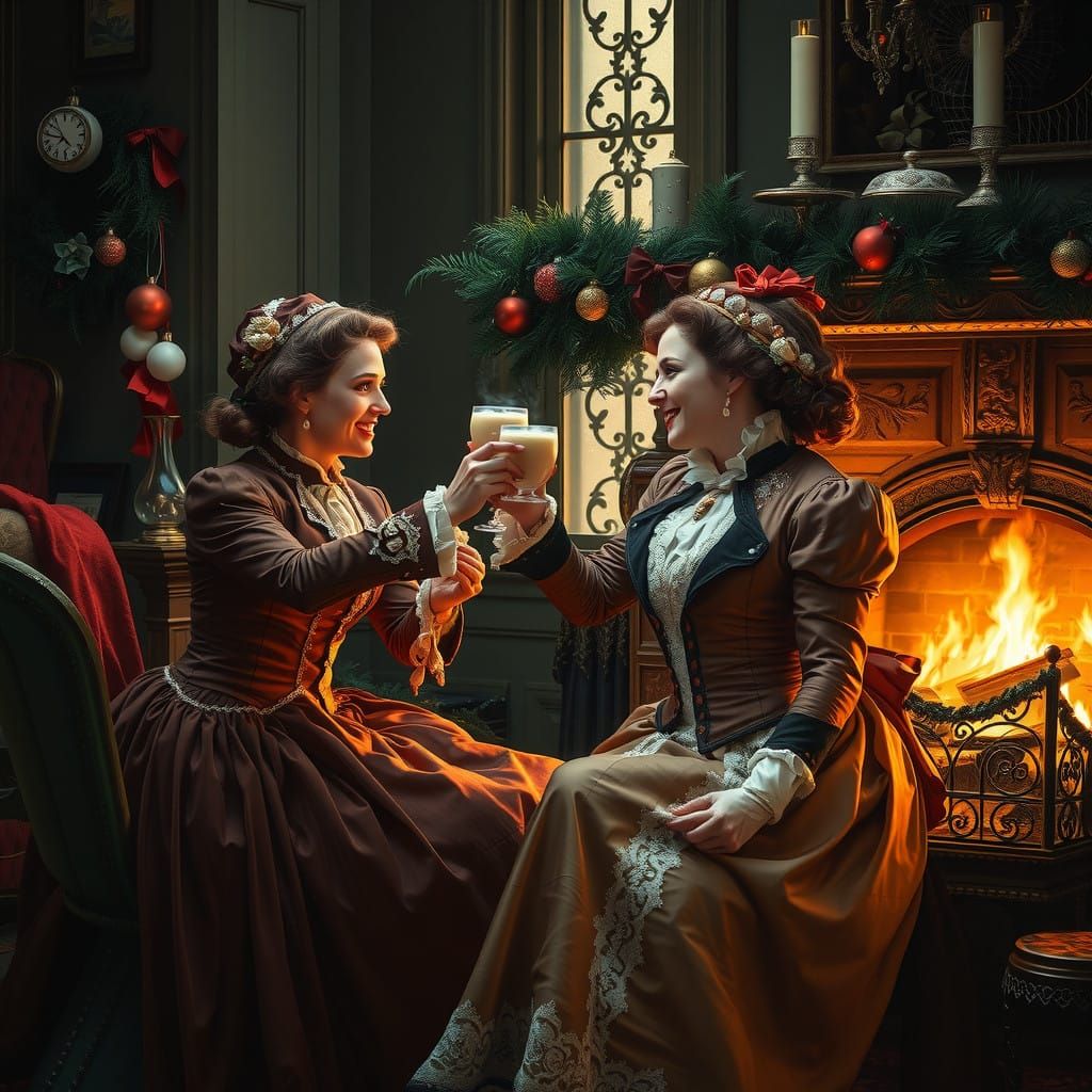 Friends Raise Glasses in a Warm Victorian Christmas Toast