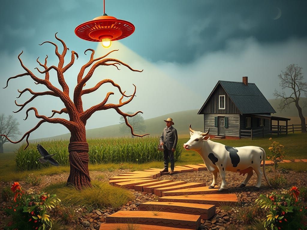 Whimsical Collage: Shy Mouse in Surreal Landscape