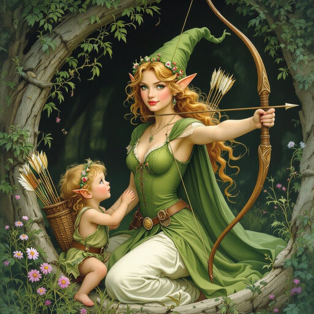 Enchanting Elf Archer with Baby in Fantasy Style