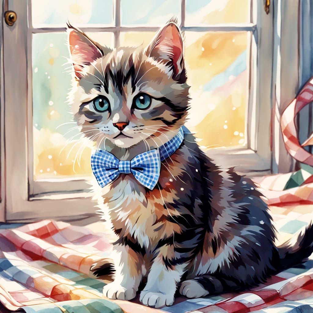 Kitten with Bow Tie in Watercolor Style
