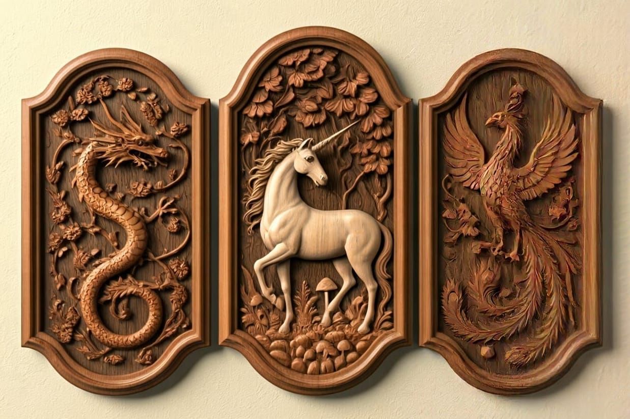 Mythical Creatures Triptych in Grinling Gibbons Style