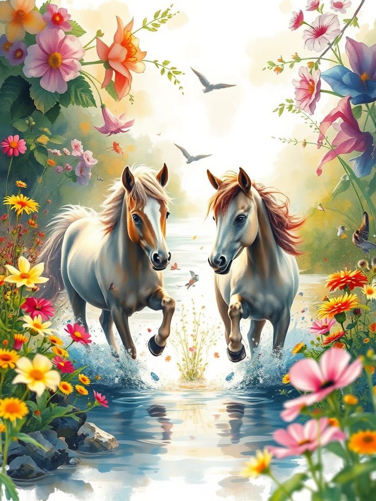 Vibrant Baby Ponies in a Sunlit Garden