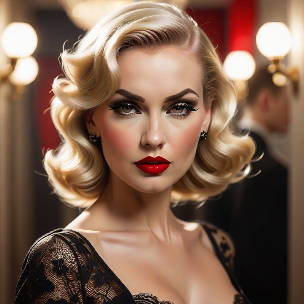 Sultry Black Lace Pin-Up in Warm Golden Light