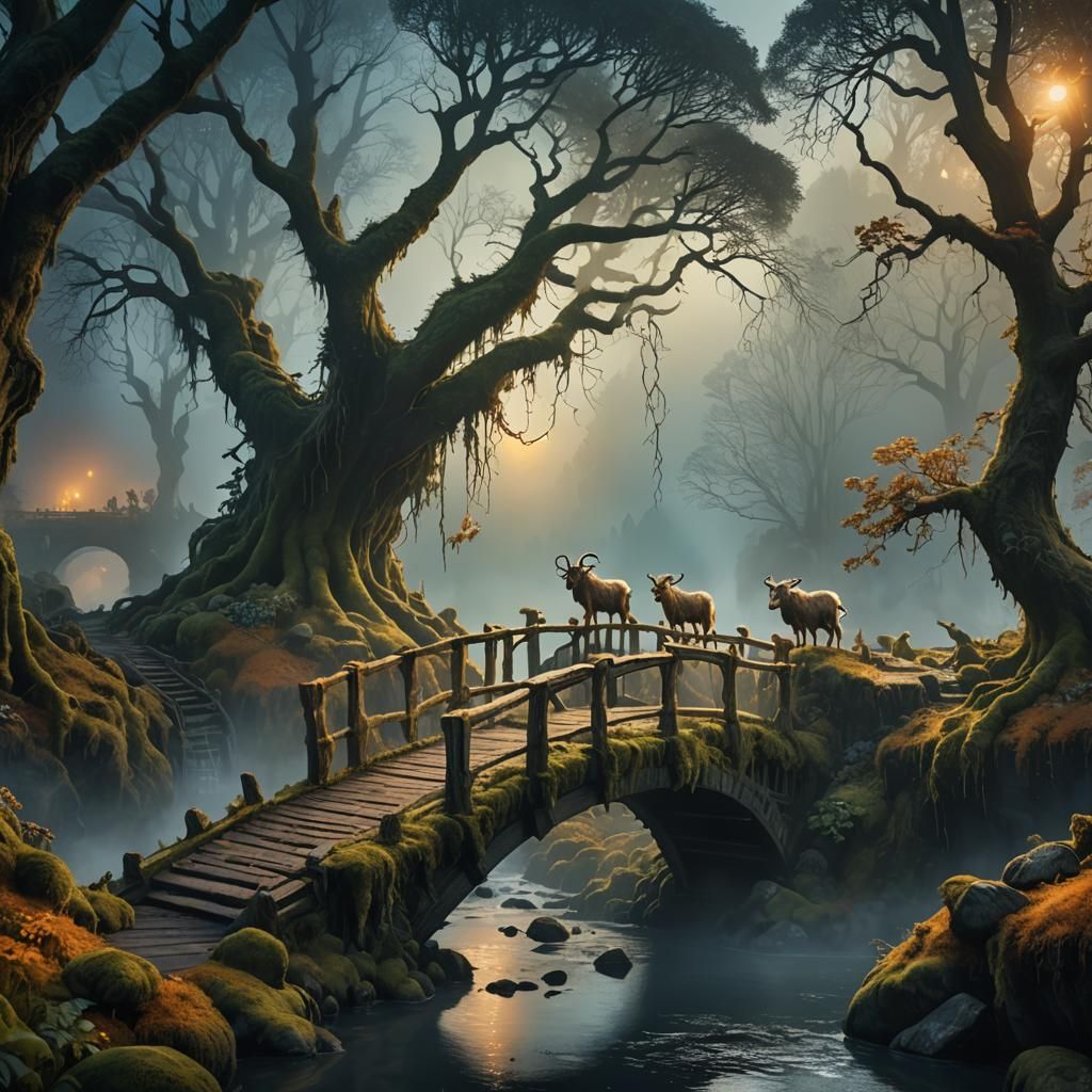 Billy Goats Gruff Cross Dreamlike Bridge in Matte Painting