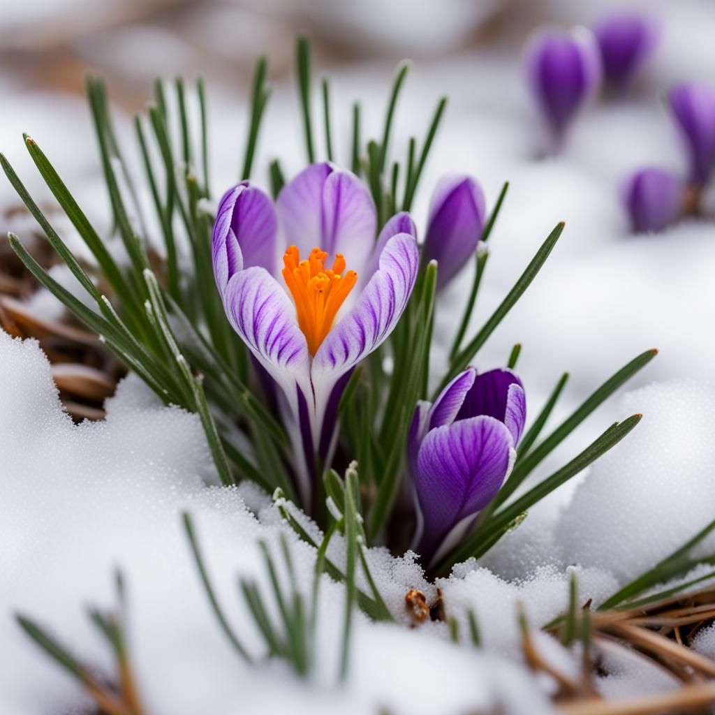 Purple Crocus Blooming Through Snow: Spring Photography