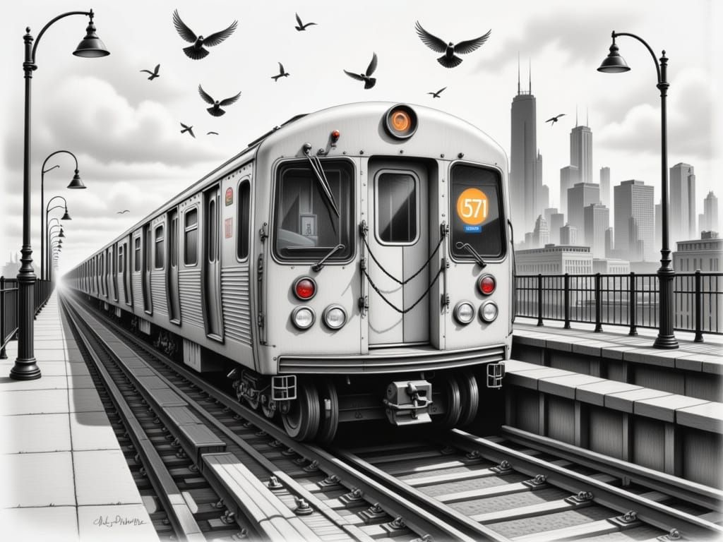 Chicago Transit Authority Train in Detailed Pencil Drawing