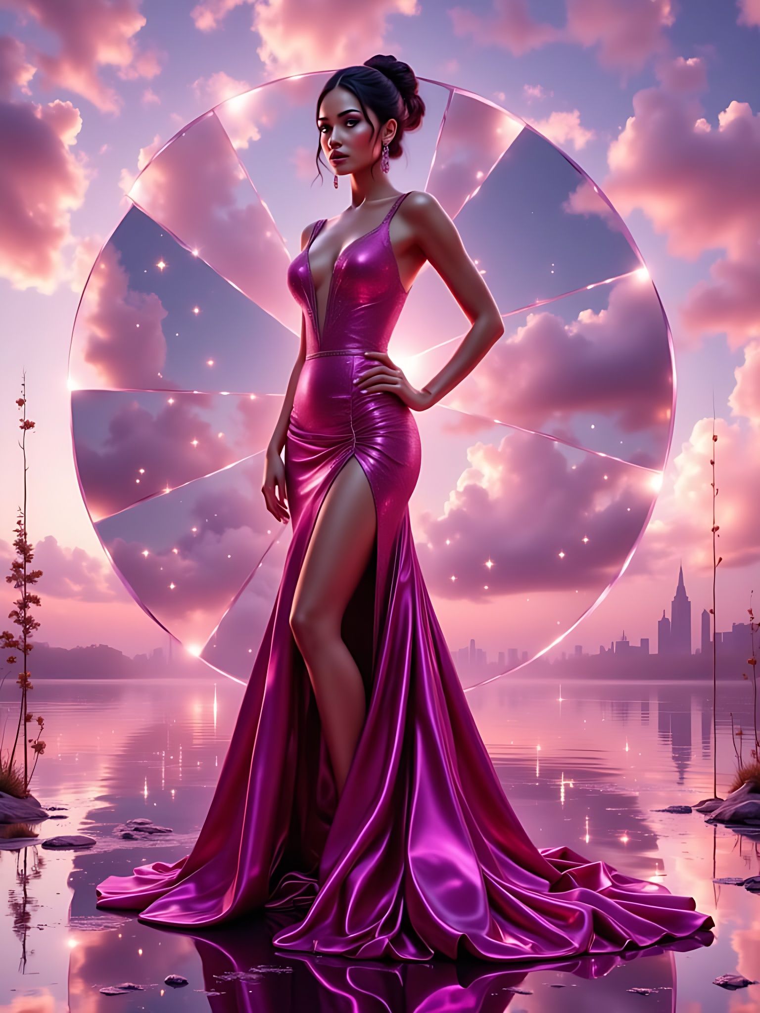 A confident female figure posed in a metallic deep magenta gown with a plunging neckline and high slits that reveal both...