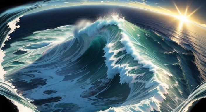 Cyberpunk Island Fortress Against Crashing Wave